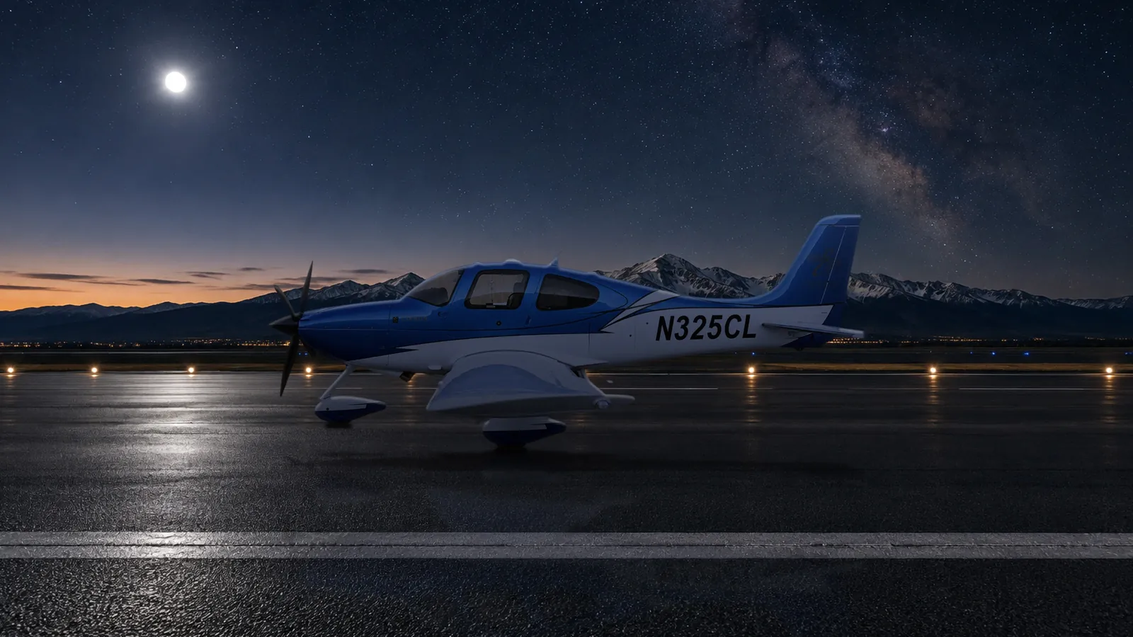 N325CL on a mountain runway at night under the stars