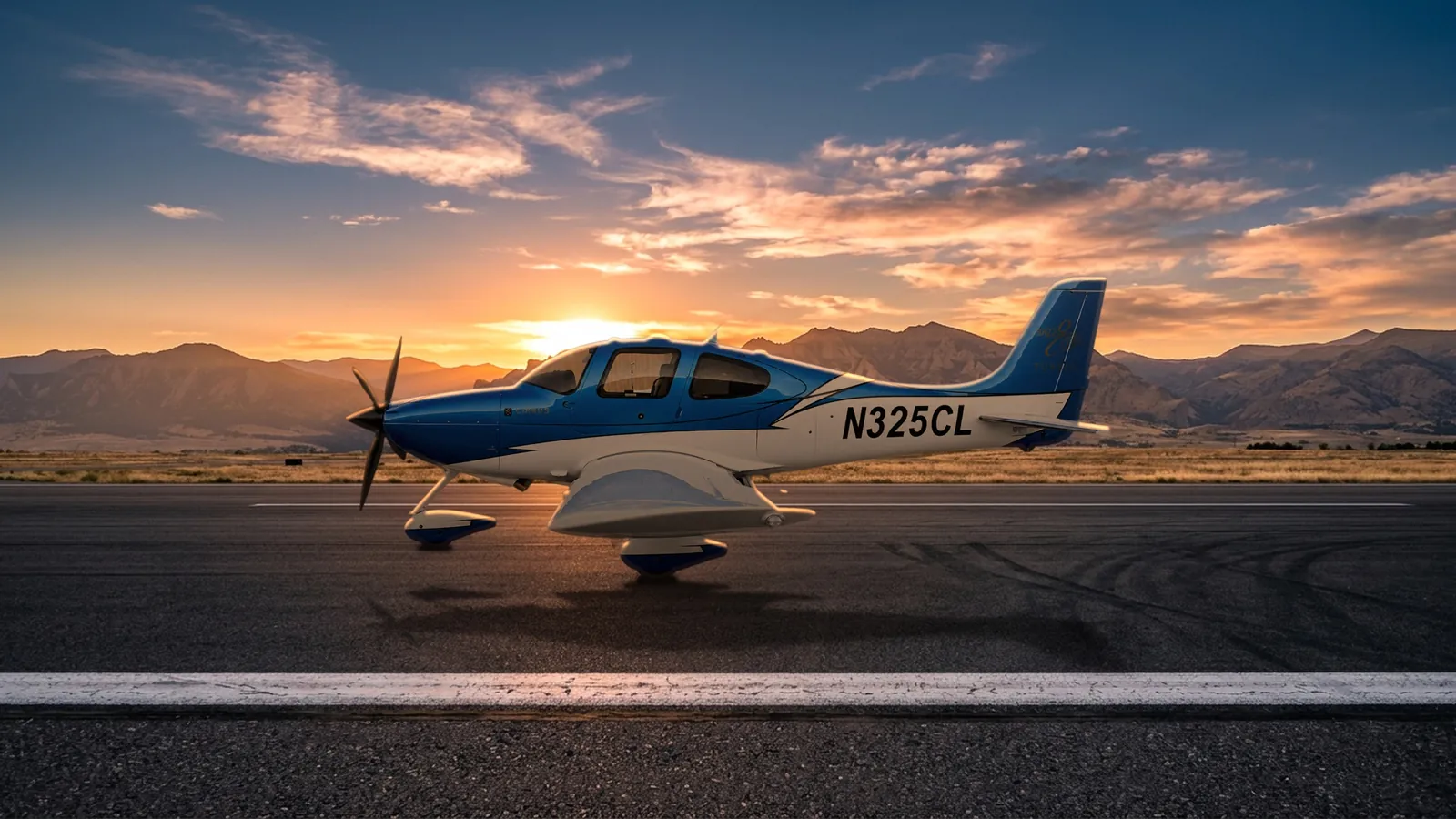 N325CL, Cirrus SR22 GTS Turbo in Athens Blue and white, on a mountain runway at sunset